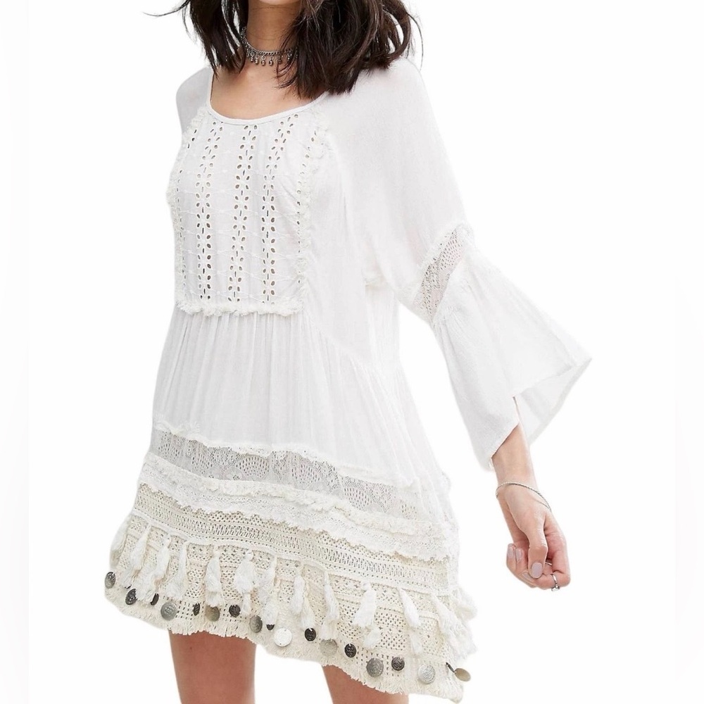 Raga Sun Goddess Coin Tunic Dress Tassel Detail Boho Eyelet Womens Sz Small NWT